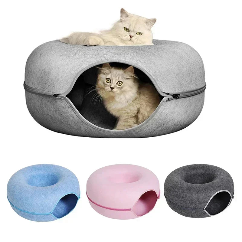 Cama de gato fofa e brinquedo de túnel