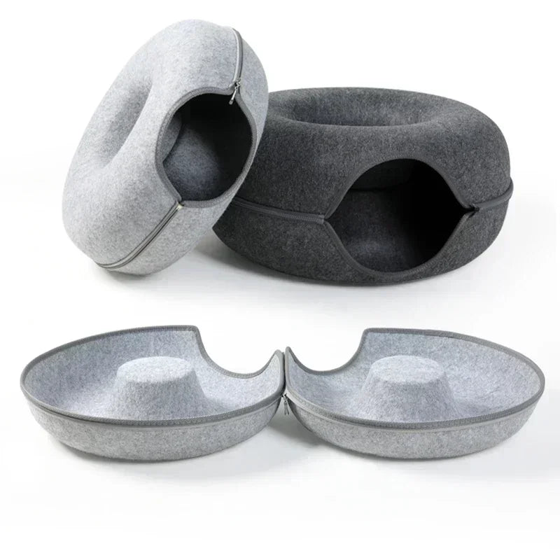Cama de gato fofa e brinquedo de túnel
